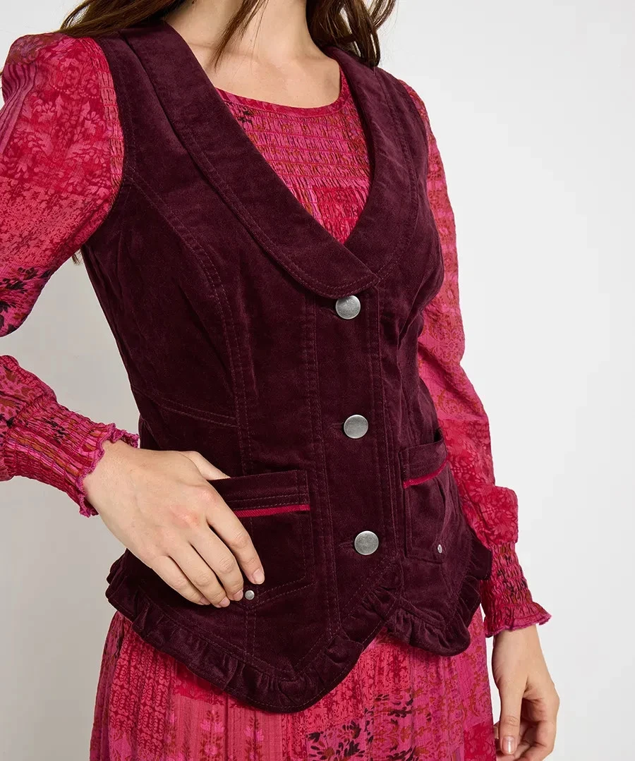 Detail of the silver-tone buttons and contrast-trimmed pockets