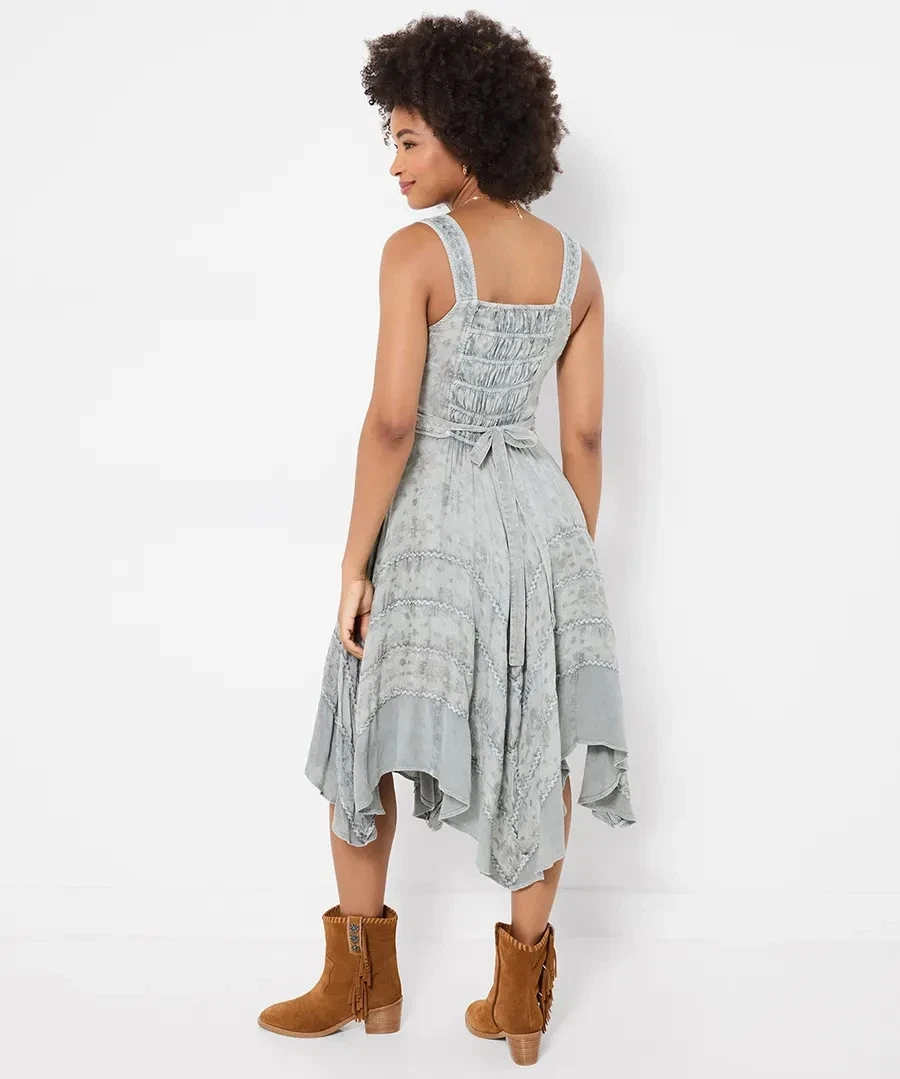 Joe Browns Evie Grey Boho Embroidered Handkerchief Hem Midi Dress