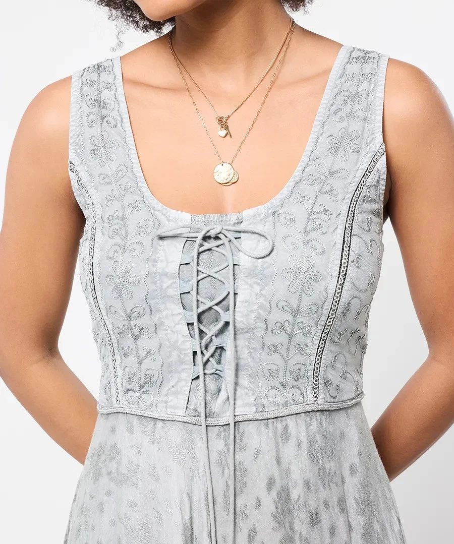 Joe Browns Evie Grey Boho Embroidered Handkerchief Hem Midi Dress