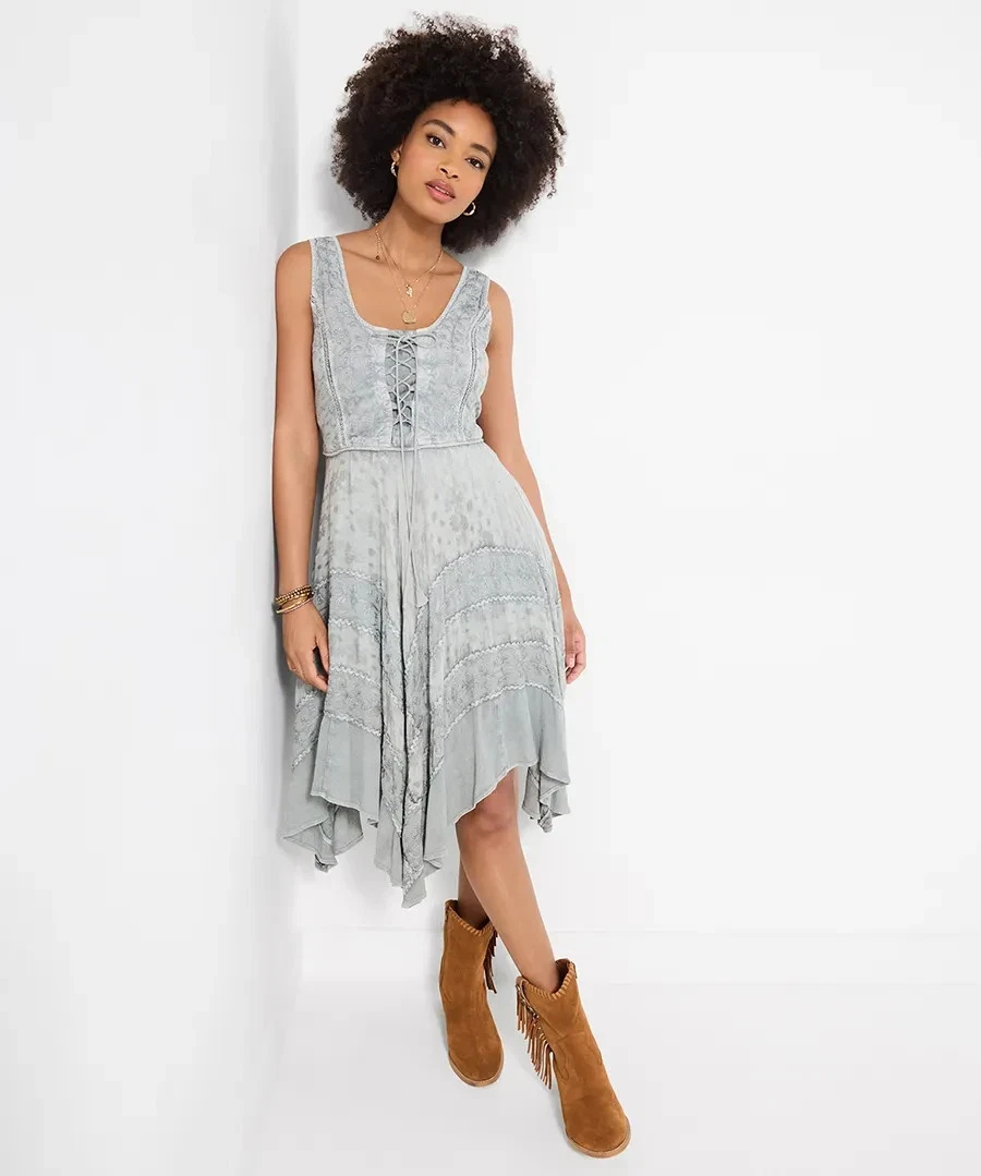 Joe Browns Evie Grey Boho Embroidered Handkerchief Hem Midi Dress