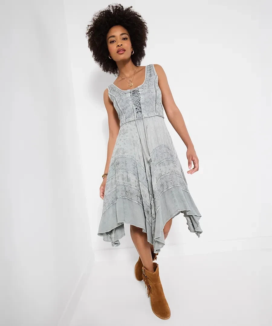 Joe Browns Evie Grey Boho Embroidered Handkerchief Hem Midi Dress