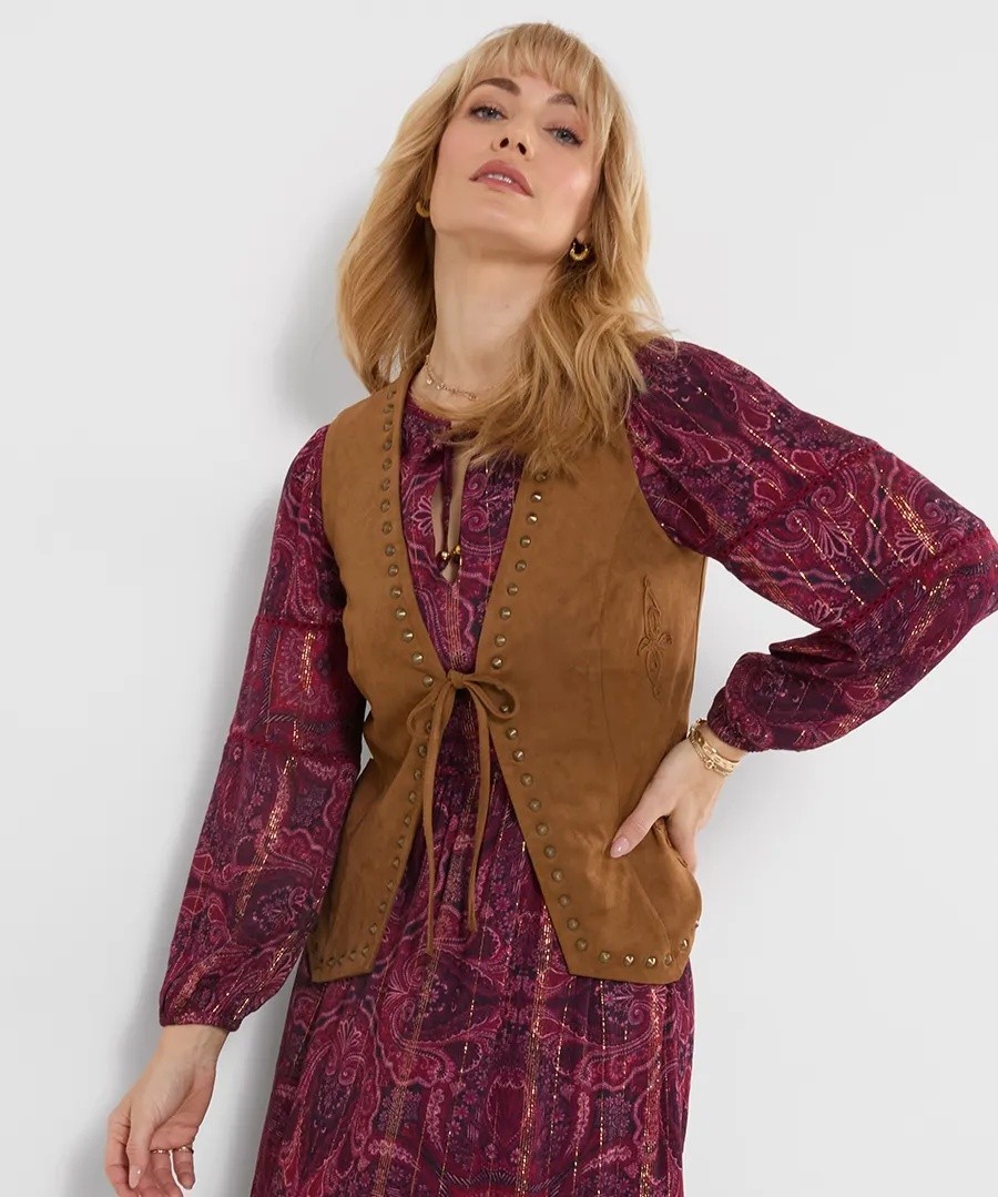 Joe Browns Boho Faux Suede Studded Waistcoat – Tan
