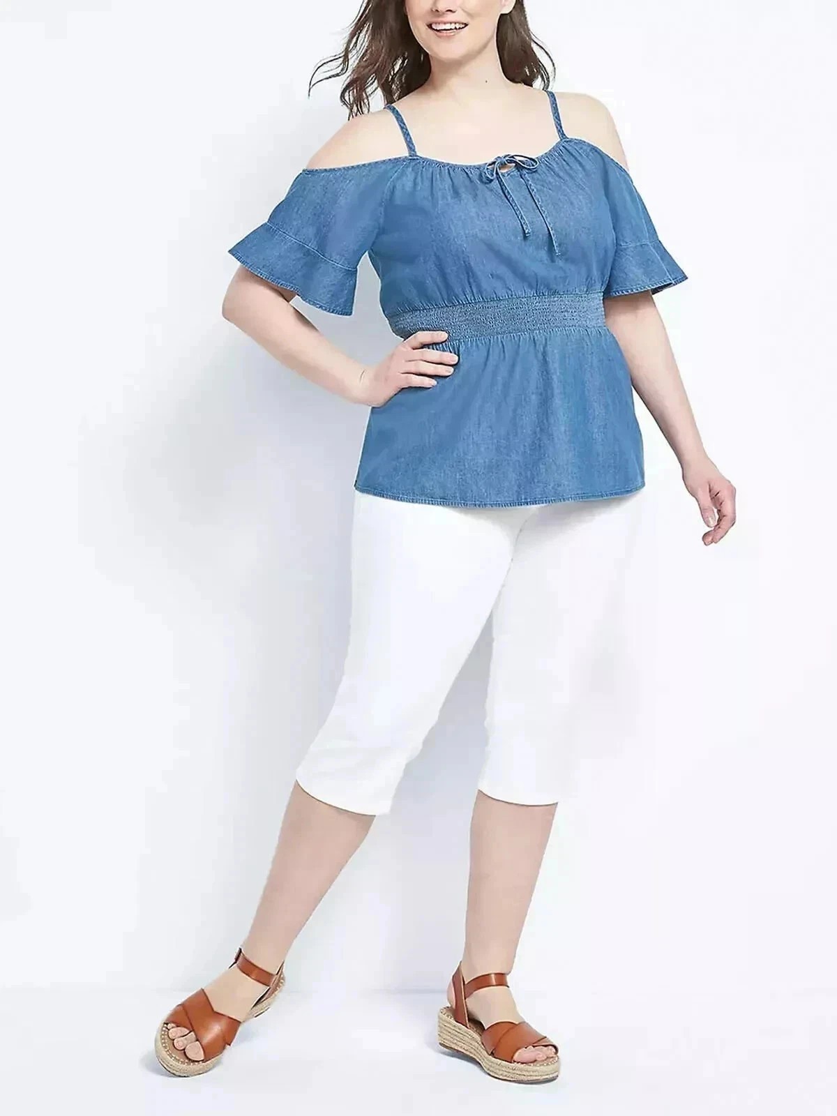Chambray Cold Shoulder Smocked Waist Top – Blue