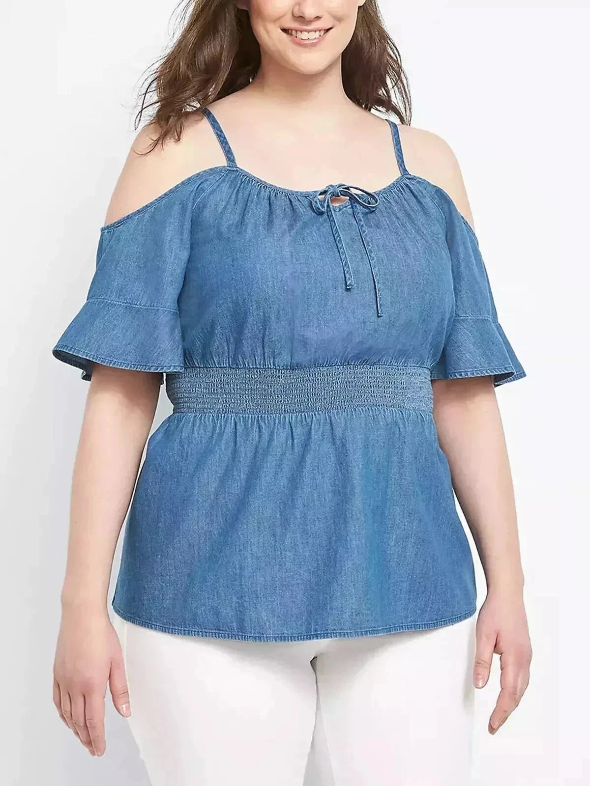 Chambray Cold Shoulder Smocked Waist Top – Blue