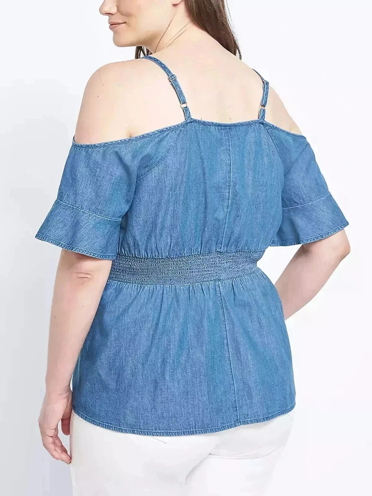 Chambray Cold Shoulder Smocked Waist Top – Blue