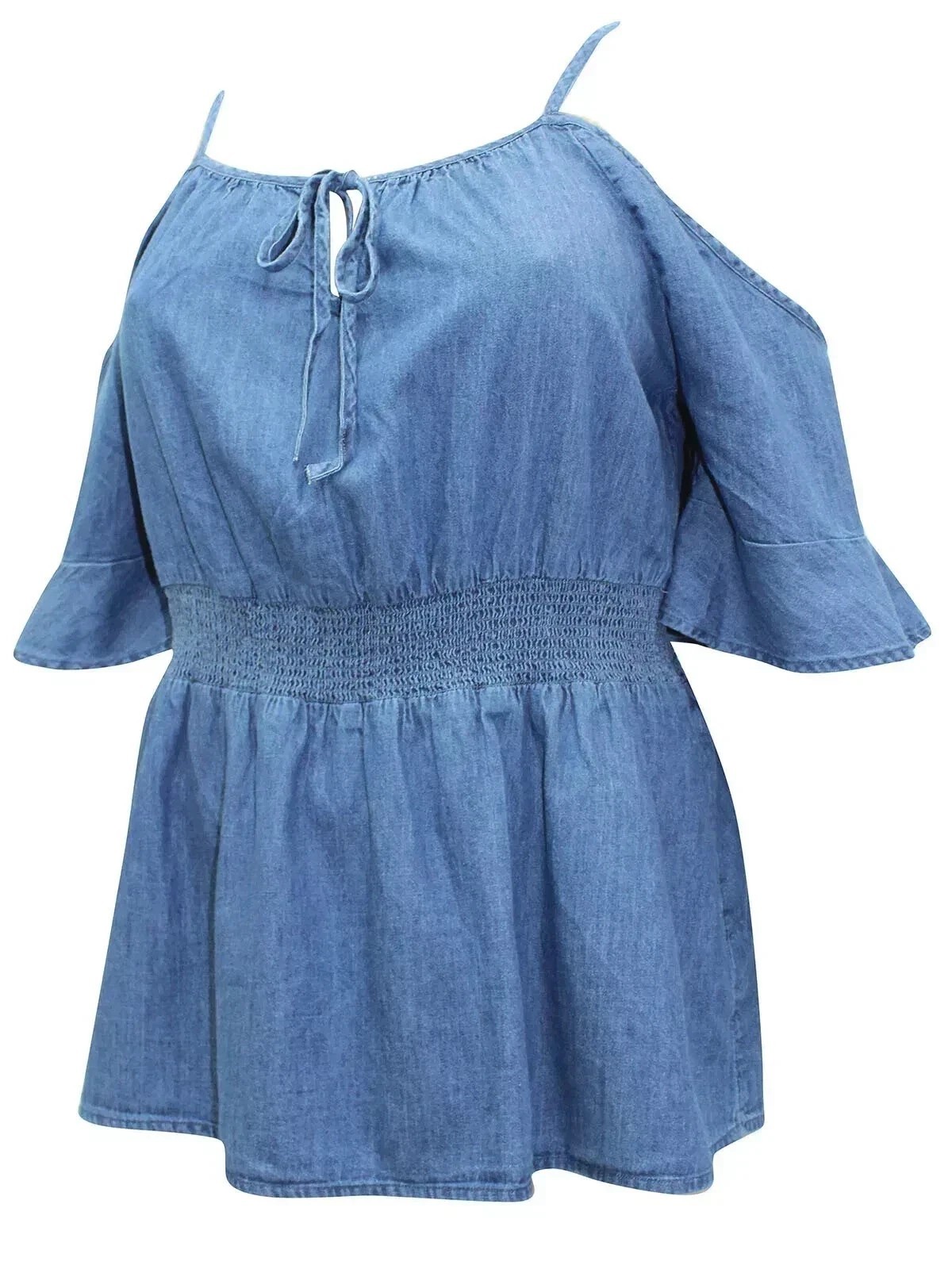 Chambray Cold Shoulder Smocked Waist Top – Blue