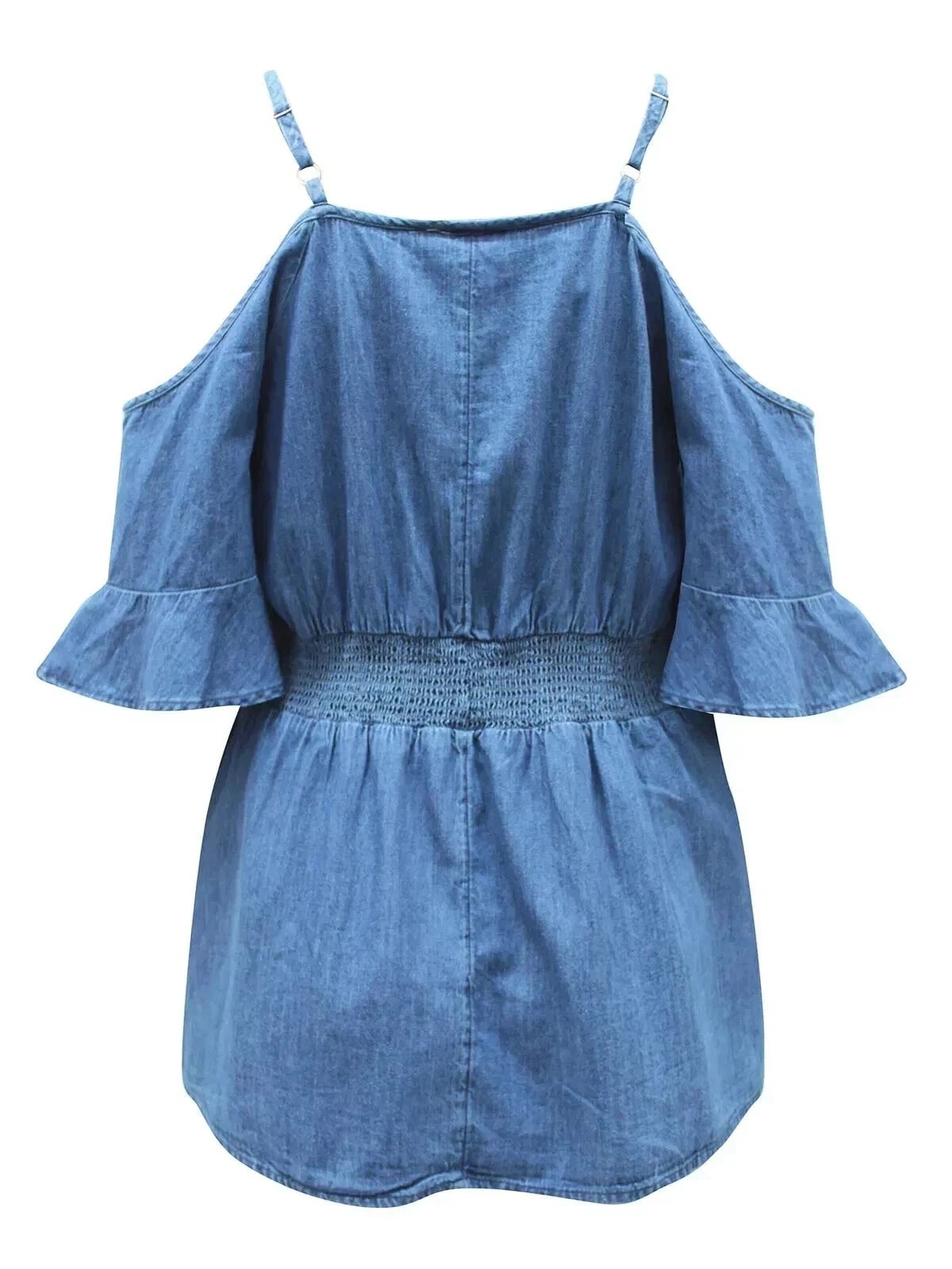 Chambray Cold Shoulder Smocked Waist Top – Blue