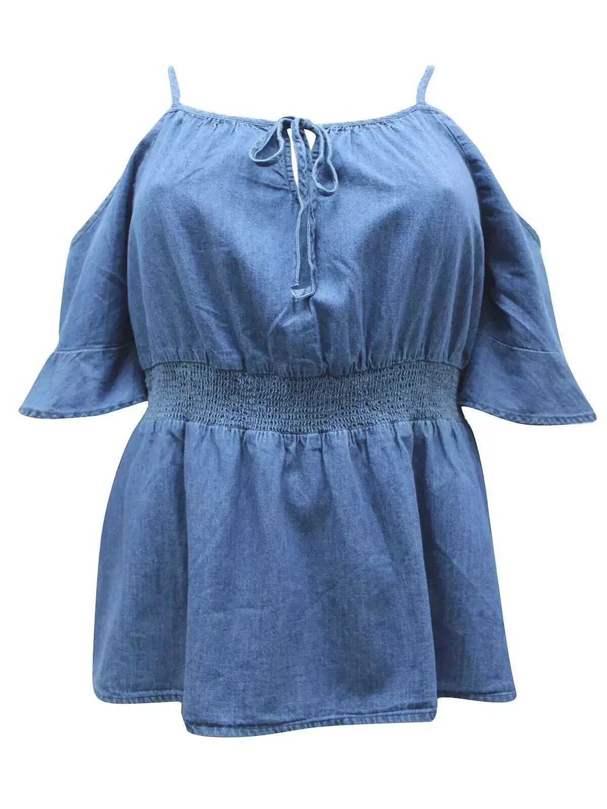 Chambray Cold Shoulder Smocked Waist Top – Blue