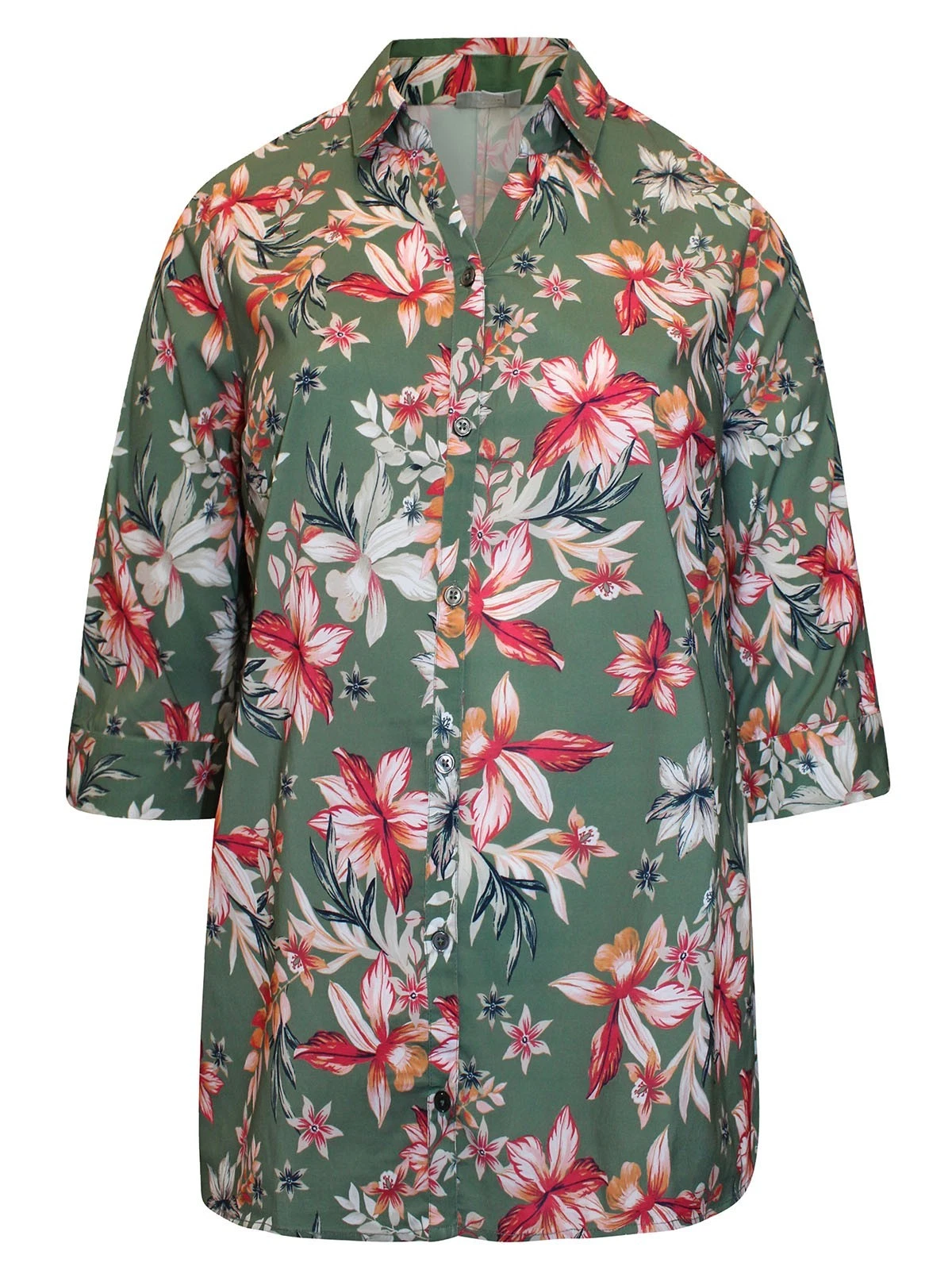 Catherines Olive Green Floral Stretch Blouse Plus Size