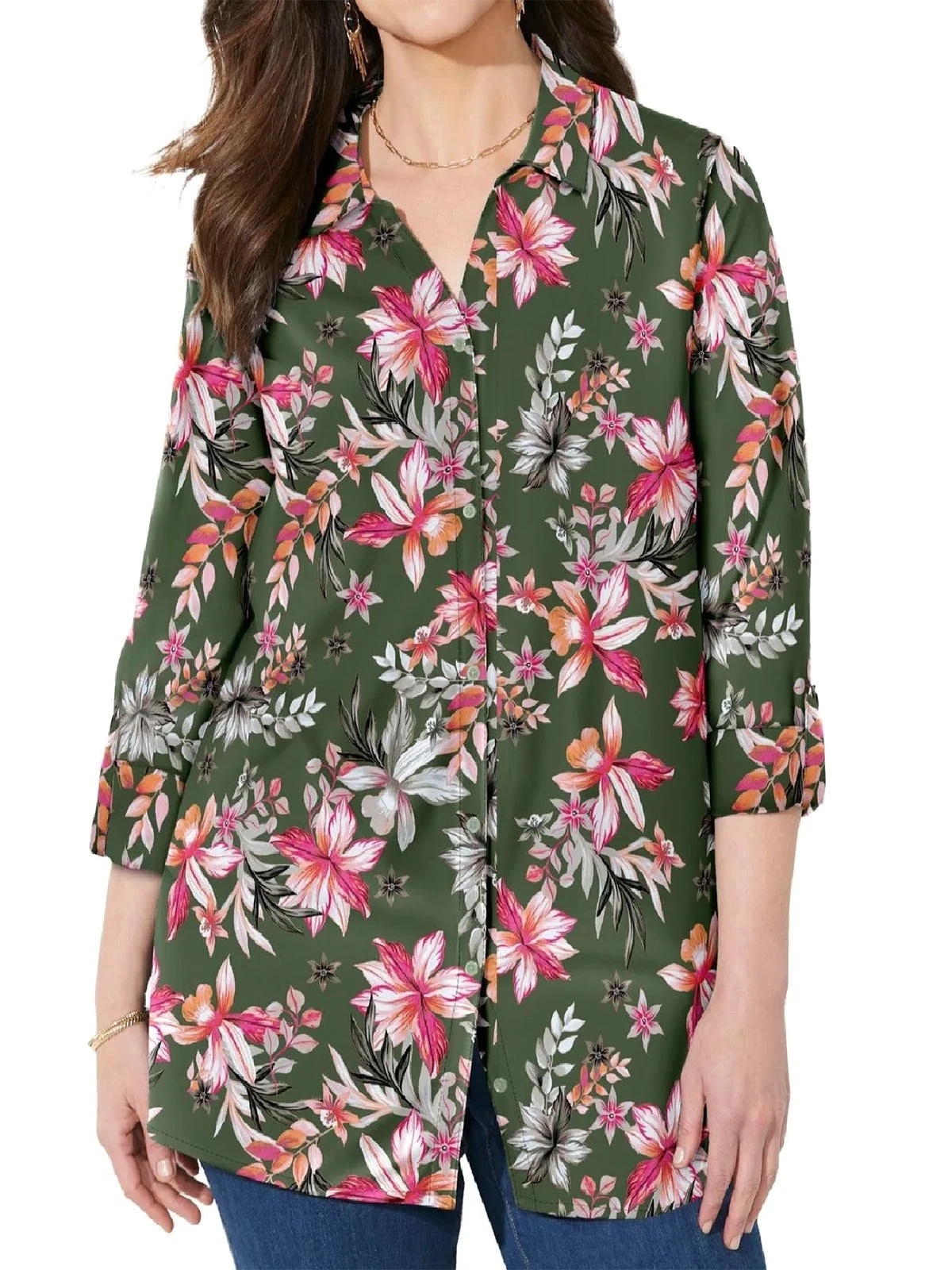 Catherines Olive Green Floral Stretch Blouse Plus Size