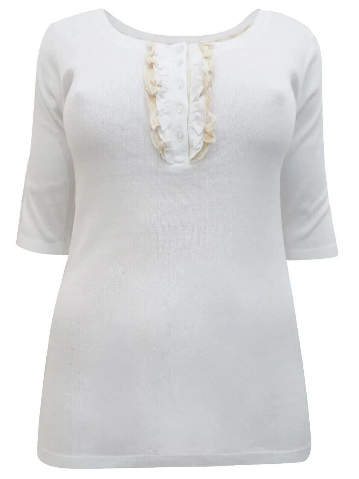 Women’s White Pure Cotton Ruffle Henley Neck Top