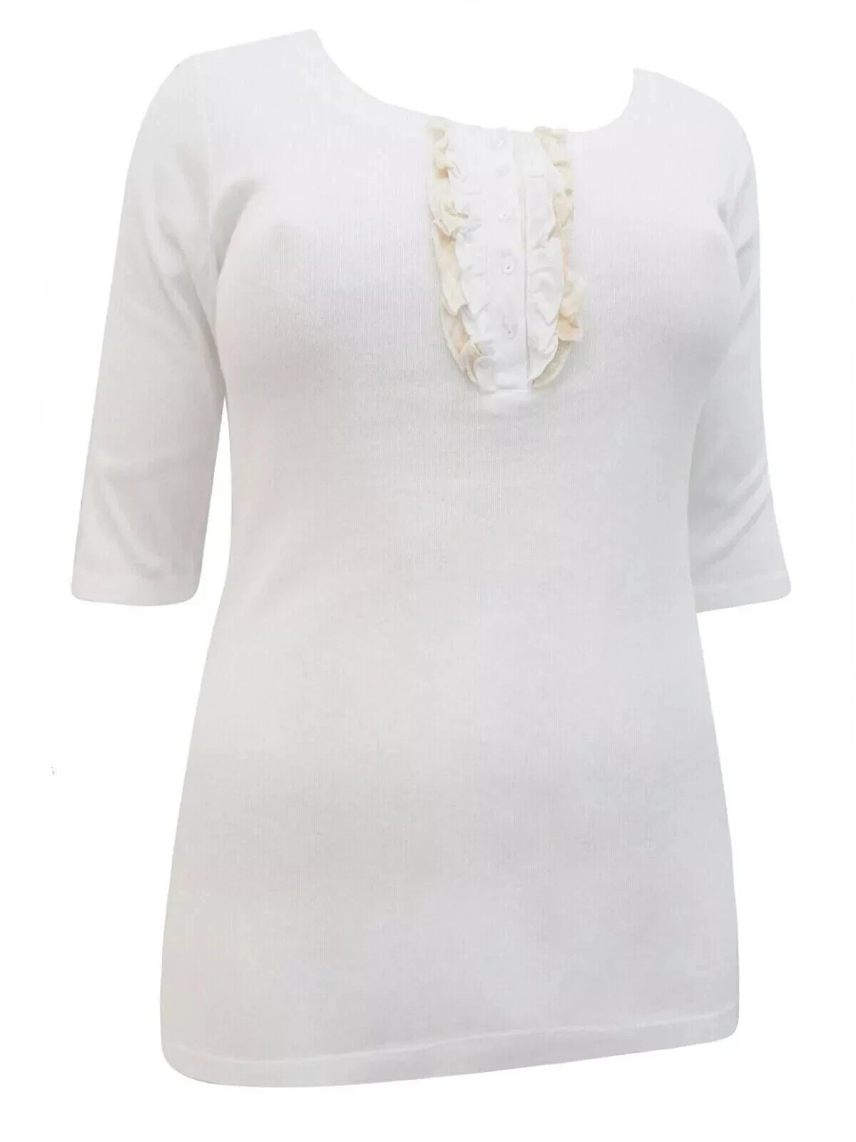 Women’s White Pure Cotton Ruffle Henley Neck Top