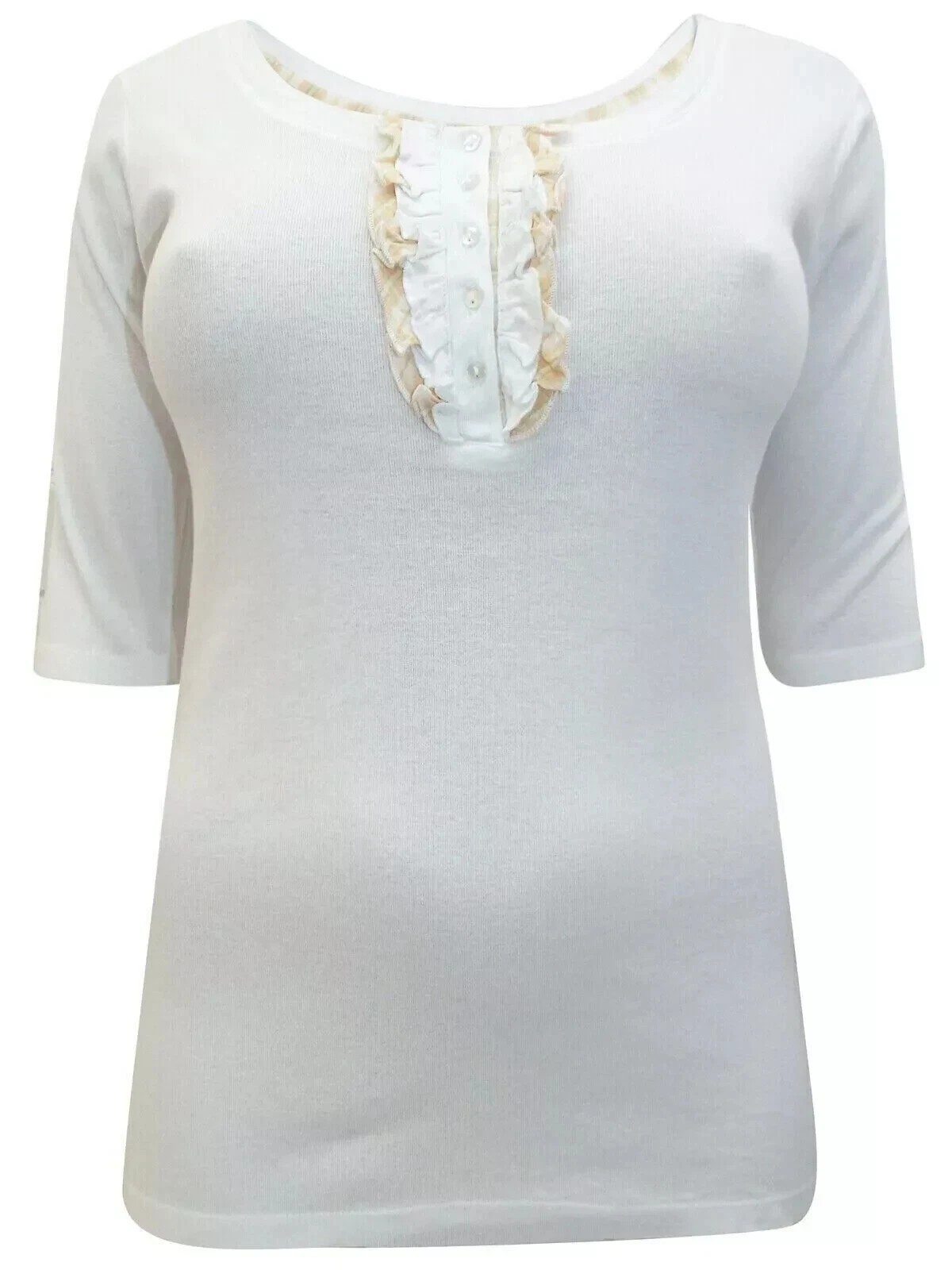 Women’s White Pure Cotton Ruffle Henley Neck Top