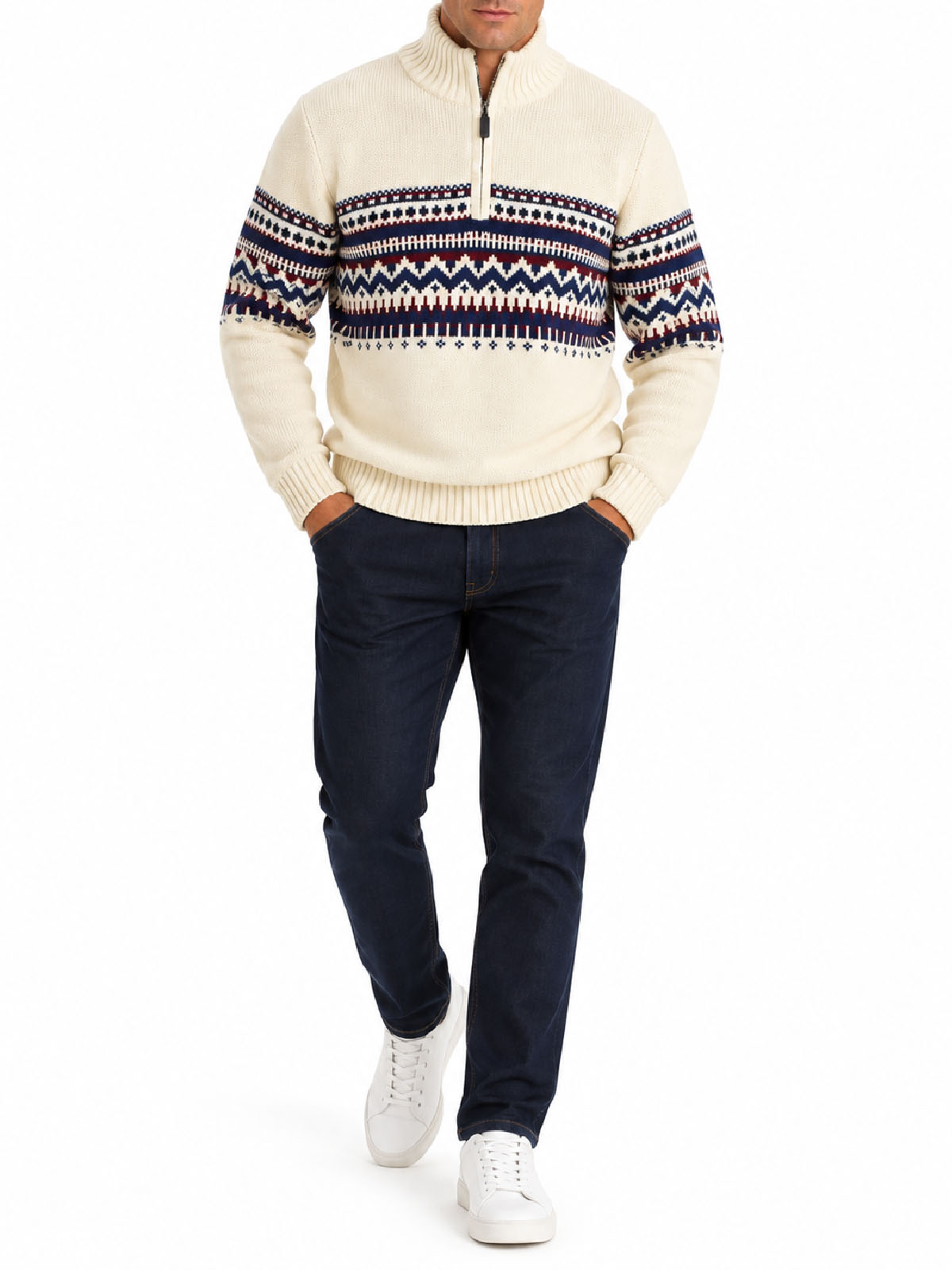 Ivory Men’s Fair Isle Knitted Quarter-Zip Jumper