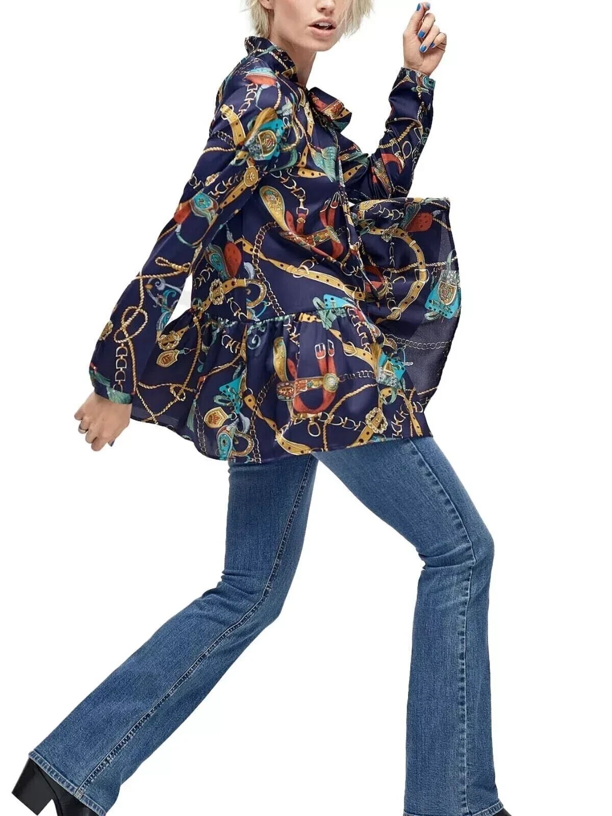 Ellos Women’s Navy Satin Pussy Bow Blouse