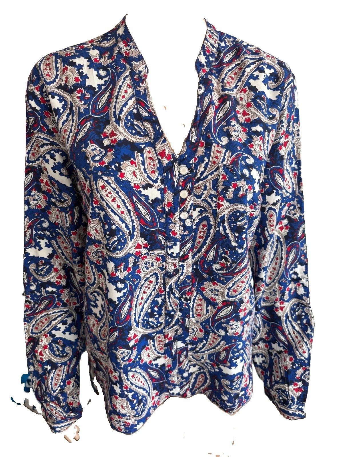 Quiosque Women’s Blue Paisley Roll-Tab Sleeve Blouse