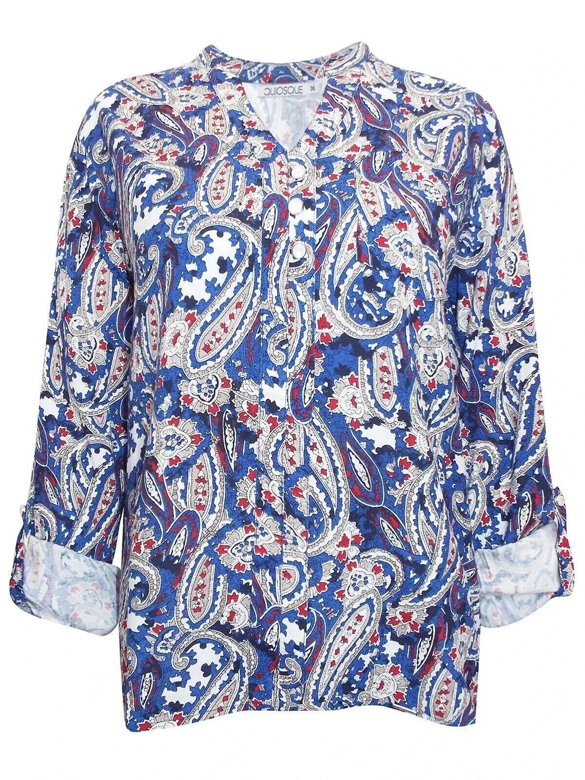 Quiosque Women’s Blue Paisley Roll-Tab Sleeve Blouse