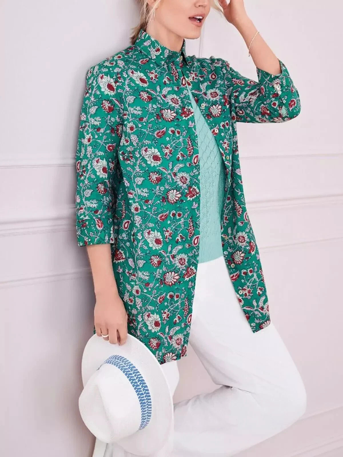 Lily Ella Women’s Green Floral Cotton Longline Blouse