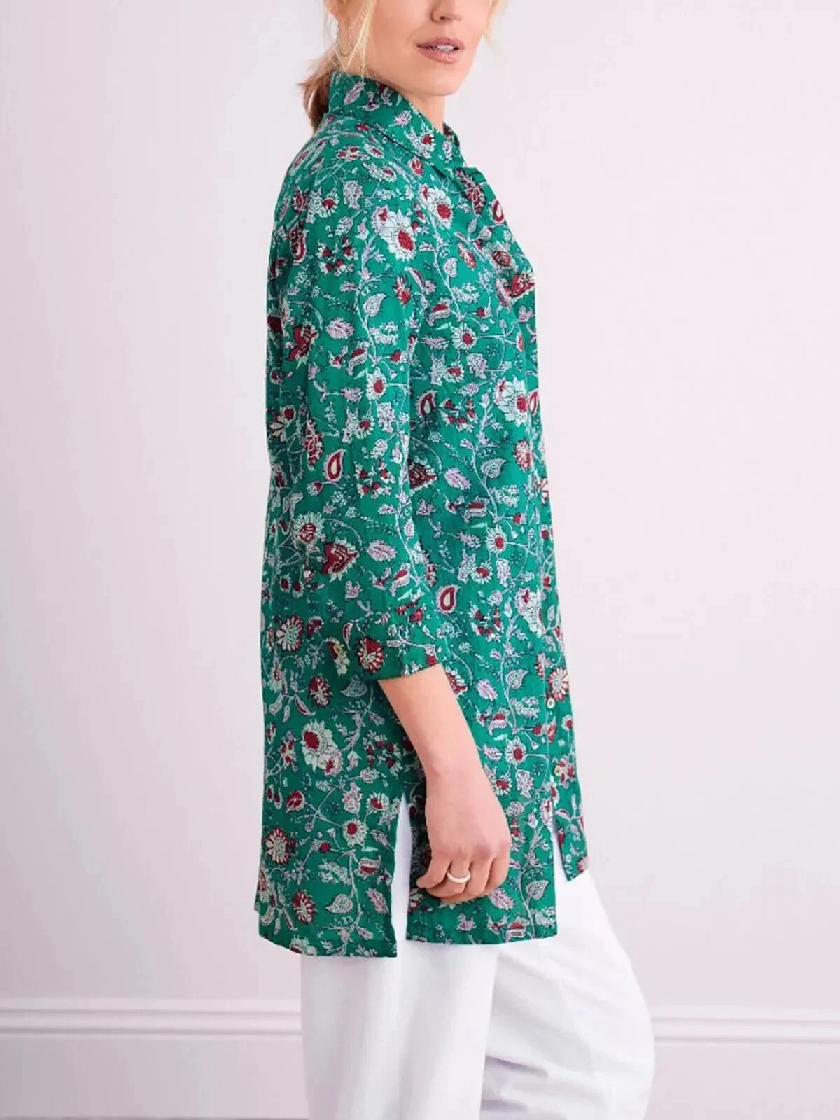 Lily Ella Women’s Green Floral Cotton Longline Blouse