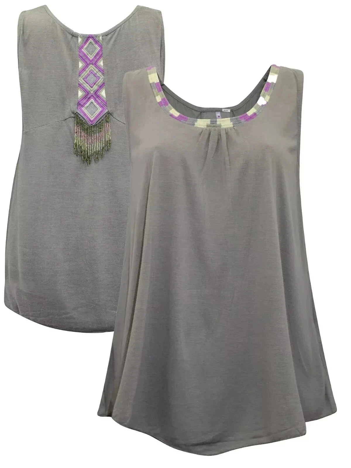 Women’s Khaki Green Embroidered Sleeveless Tunic Top