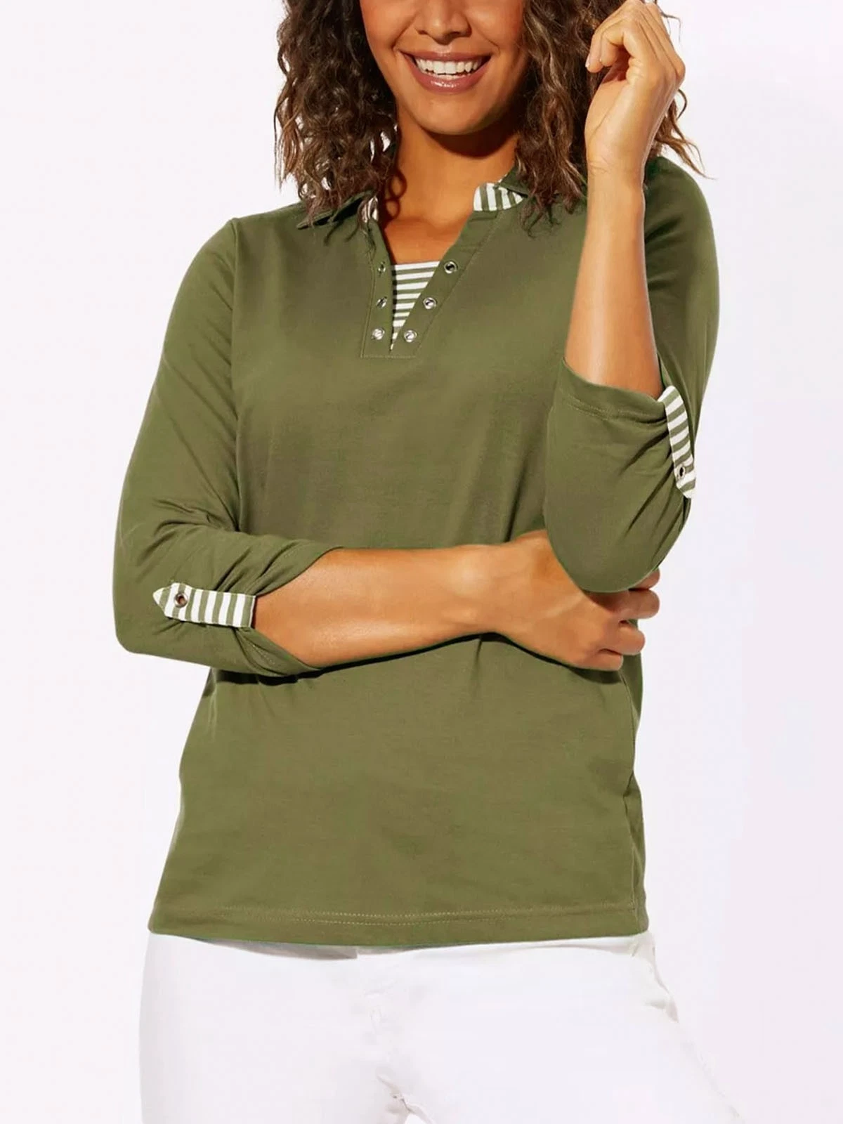 Collection L Pure Cotton Eyelet Detail Top – Olive Green