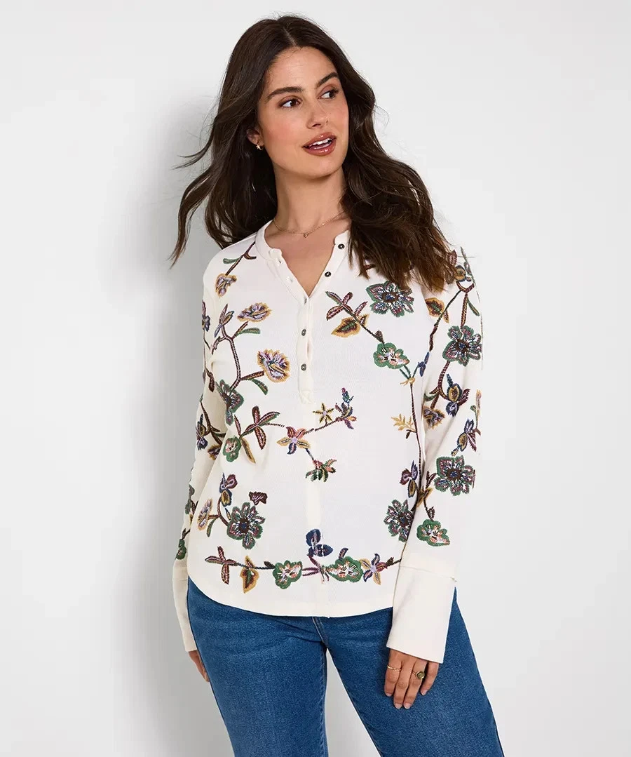 Joe Browns Ellie Embroidered Waffle Jersey Henley Top
